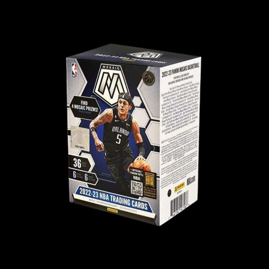 Front view of the 2022-23 Panini Mosaic Basketball Blaster Box showing exclusive NBA Mosaic card designs and featuring top 2022-23 NBA rookies and stars.