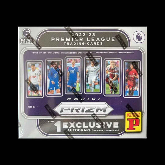 2022-23 Panini Prizm EPL Soccer Asia TMALL Box, showcasing the box design featuring the Premier League logo and Prizm branding, along with vibrant graphics and player images, indicating it contains trading cards from the English Premier League season.