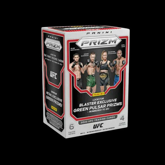 Front view of the 2022 Panini UFC Prizm Blaster Box featuring exclusive Prizm parallels and images of UFC fighters from the 2022 lineup.