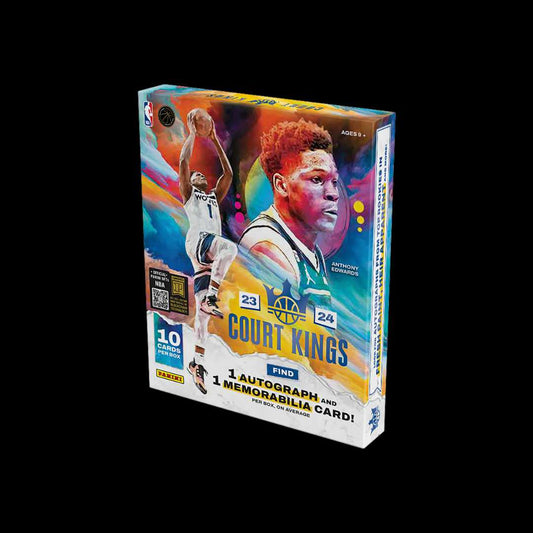 2023-24 Panini Court Kings NBA Hobby Box featuring premium NBA trading cards with art-inspired designs, autographs, and rare inserts.