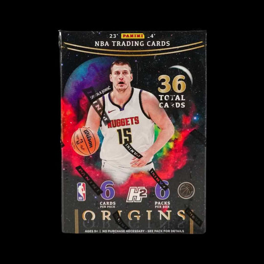 A sealed 2023-24 Panini Origins Basketball H2 Box featuring exclusive NBA trading cards, with premium designs and unique inserts.