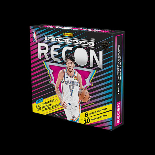 Close-up of the 2023-24 NBA Recon Hobby Box featuring bold colors and premium card designs, including rookies, autographs, and rare inserts.