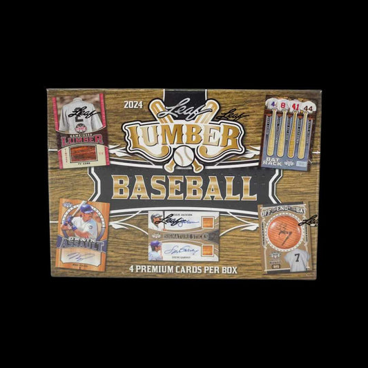 2024 Leaf Lumber Baseball Hobby Box with four cards per box featuring autographed bat relics, bat barrel nameplates, and iconic baseball players.