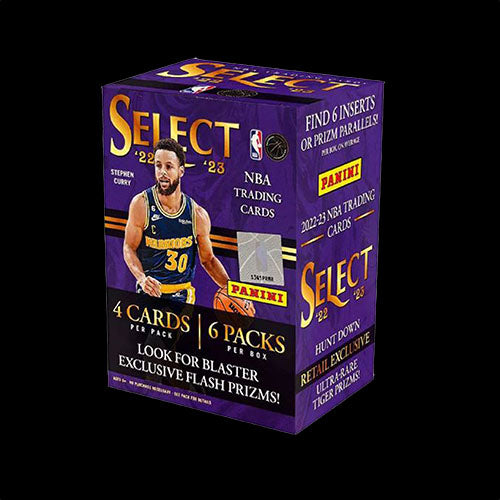 022/23 Panini Select Blaster Box for NBA trading cards, featuring a sleek rectangular design with vibrant colors and dynamic graphics. The front displays the Panini Select logo, the NBA logo, and text indicating the 2022/23 season. The box showcases top NBA players in action poses, appealing to basketball fans and card collectors.